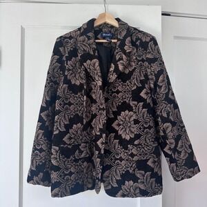 Denim & Co Vintage Floral Tapestry Blazer Jacket Black Bronze Damask Large Y2K